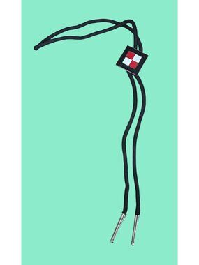 Vintage Black Bolo Tie With Red & White Square Design Silver-Tone Tips